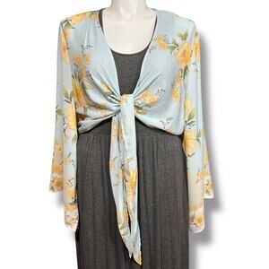 Rue+ Womens Bolero Shrug Crop Tie Front Kimono Sleeve Floral Yellow Blue 3X